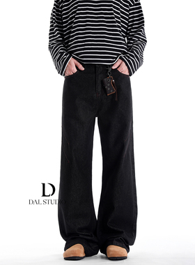 DAL 美式黑色立体原牛牛仔裤男鲨鱼腮解构红色明线阔腿直筒休闲裤