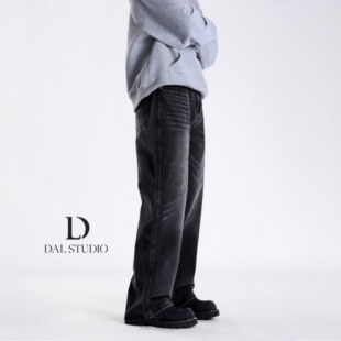 美式 宽松阔腿vibe裤 高街水洗黑直筒牛仔裤 新款 子 男2025年春季 DAL