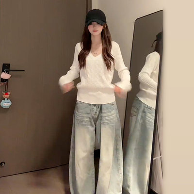 2025新款韩系穿搭白色v领针织衫长袖女秋冬季毛衣内搭打底衫上衣