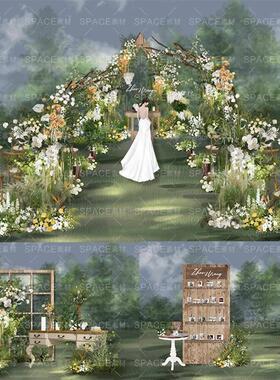 369户外草坪白绿色婚礼效果图 森系藤蔓树枝复古木质婚礼手绘素材