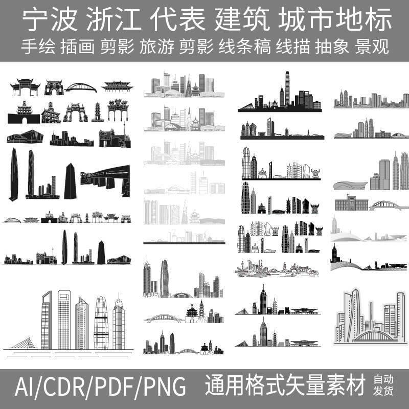 浙江宁波ai矢量地标旅游建筑海报设计线稿图城市剪影手绘插画印象