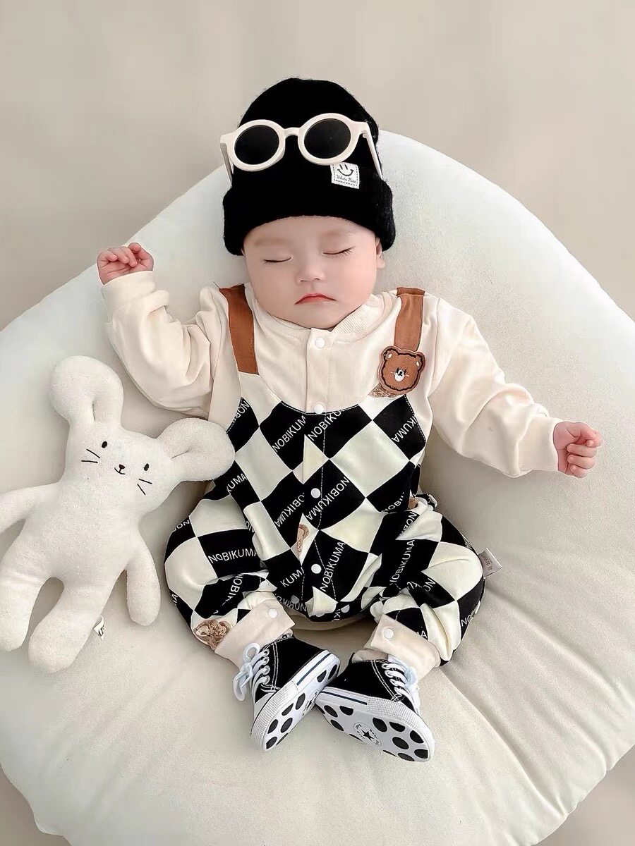 Детские комбинезоны знаменитостей Net baby, цельные весенние и осенние, из чистого хлопка, тонкие мужские и женские ползунки для новорожденных с длинными рукавами, поддельные комплекты из двух частей Изображение 1