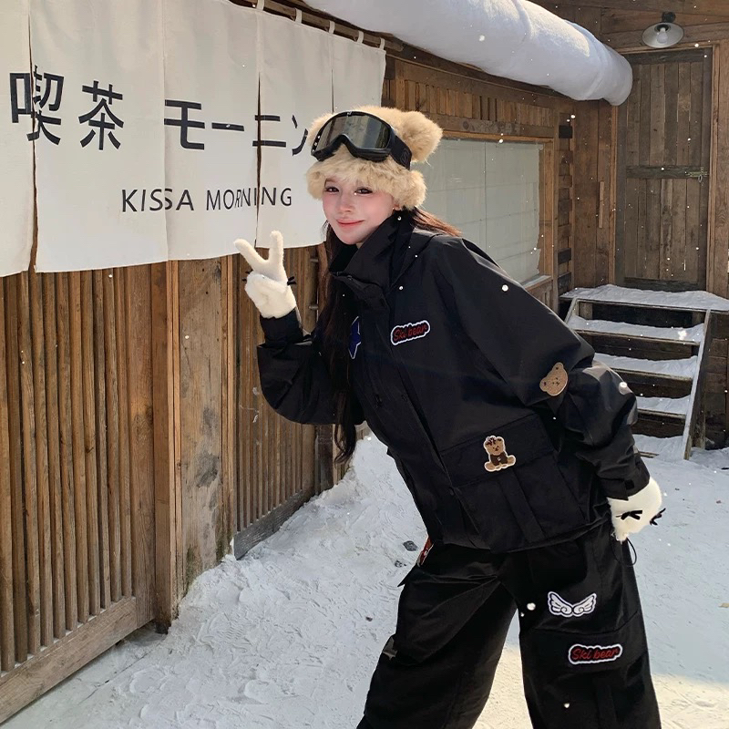 Skibear原创3L全压胶加绒保暖美式黑色涂鸦滑雪服套装男女款情侣