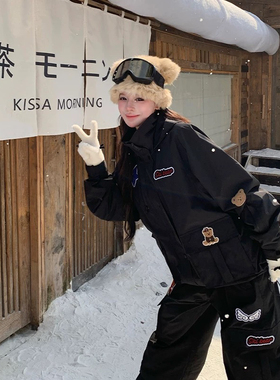 Skibear原创3L全压胶加绒保暖美式黑色涂鸦滑雪服套装男女款情侣