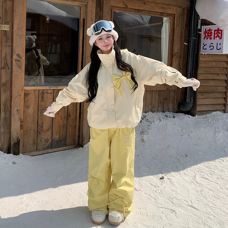 Skibear原创奶黄色蝴蝶结礼物滑雪服套装可爱甜美加绒防水3L压胶