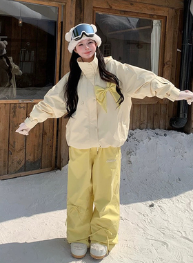 Skibear原创奶黄色蝴蝶结礼物滑雪服套装可爱甜美加绒防水3L压胶