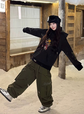 Skibear原创军绿色迷彩色滑雪工装裤黑色涂鸦卫衣加绒防泼水压胶