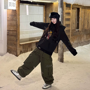 Skibear原创军绿色迷彩色滑雪工装裤黑色涂鸦卫衣加绒防泼水压胶