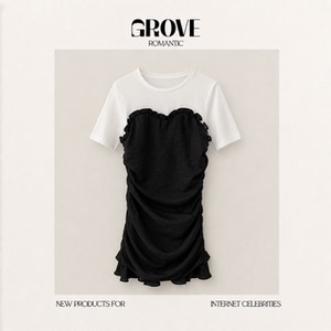 【现货】GROVE ROMANTIC韩国东大门撞色拼接褶皱荷叶边鱼尾连衣裙