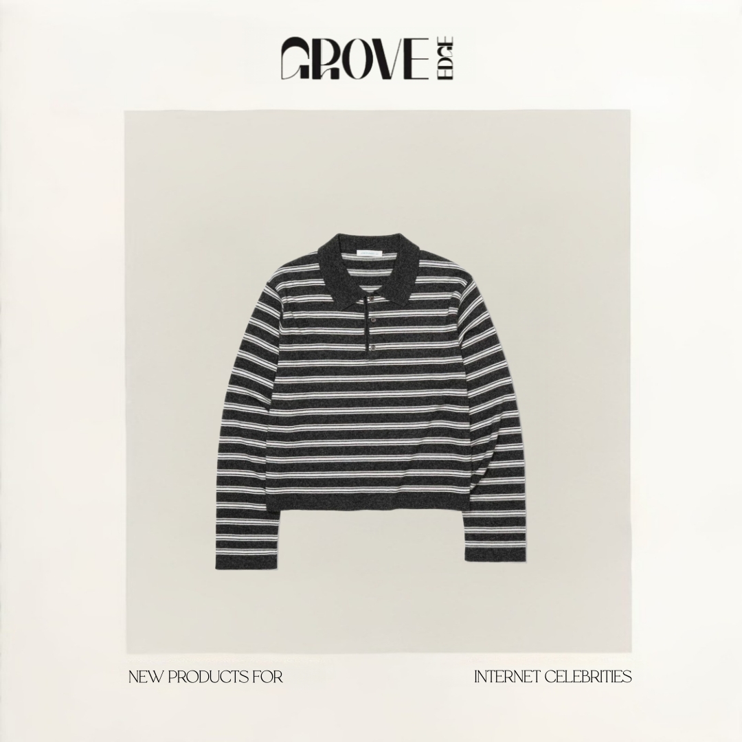 【现货】GROVE EDGE韩国翻领条纹针织衫韩系女装半纽扣polo上衣女