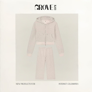 【现货】GROVE EDGE韩国小众直井怜同款条纹连帽拉链卫衣外套长裤