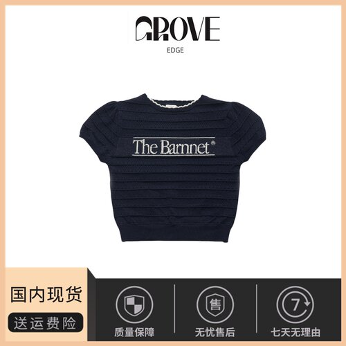 【现货】GROVE EDGE韩系女字母提花泡泡袖镂空针织衫圆领短袖上衣