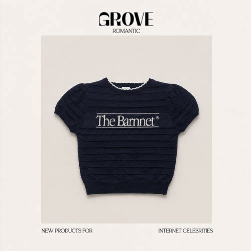 【现货】GROVE EDGE韩系女字母提花泡泡袖镂空针织衫圆领短袖上衣