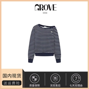 【现货】GROVE EDGE韩国小众一枝南南同款宽松斜肩条纹卫衣露肩女