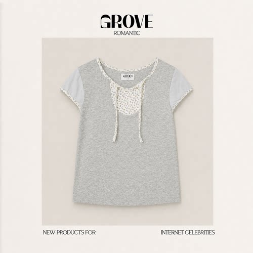 【现货】GROVE ROMANTIC假两件复古碎花拼接短袖T恤宽松显瘦上衣