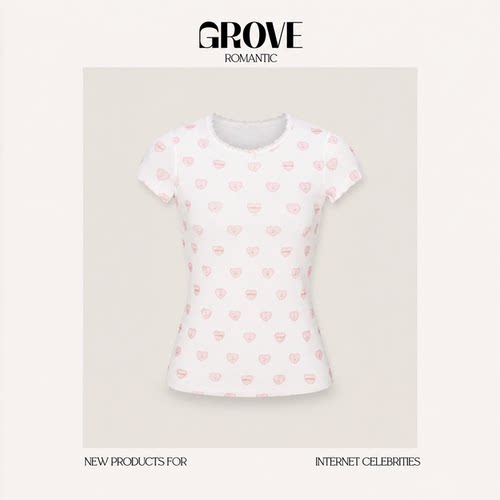 【现货】GROVE ROMANTIC韩国东大门正肩短袖T恤修身显瘦蕾丝花边