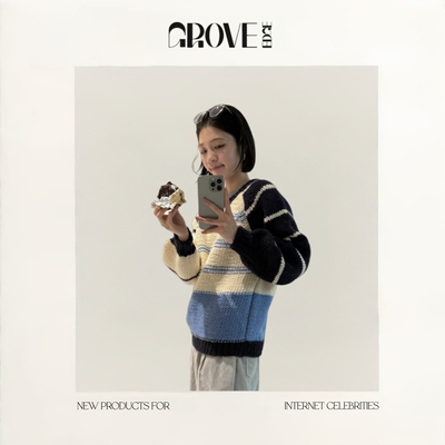 【现货】GROVE EDGE韩国东大门手工编织撞色毛衣蓝白条纹厚实羊毛