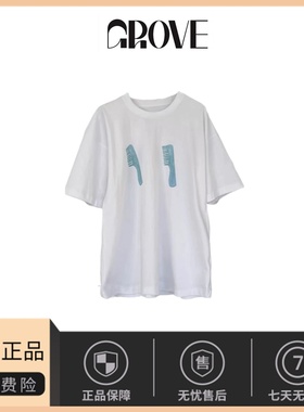 【现货】韩国小众stu fever同款蓝色木梳印花宽版T恤韩版休闲上衣