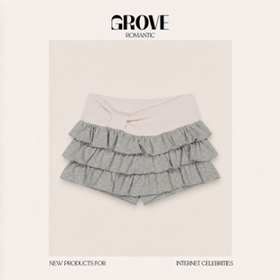 【现货】GROVE ROMANTIC撞色腰头烫钻字母三层荷叶边裙裤韩系短裙