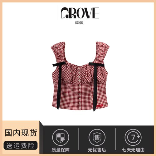 【现货】GROVE EDGE系带蝴蝶结可拆卸褶皱露肚脐衬衫泡泡袖短衫