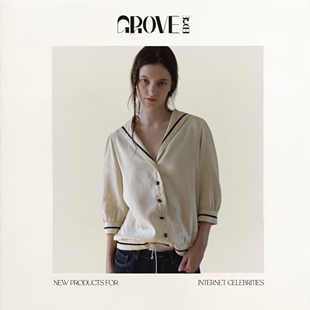 【现货】GROVE EDGE韩系海军领中长袖衬衫女奶白色宽松单排扣上衣