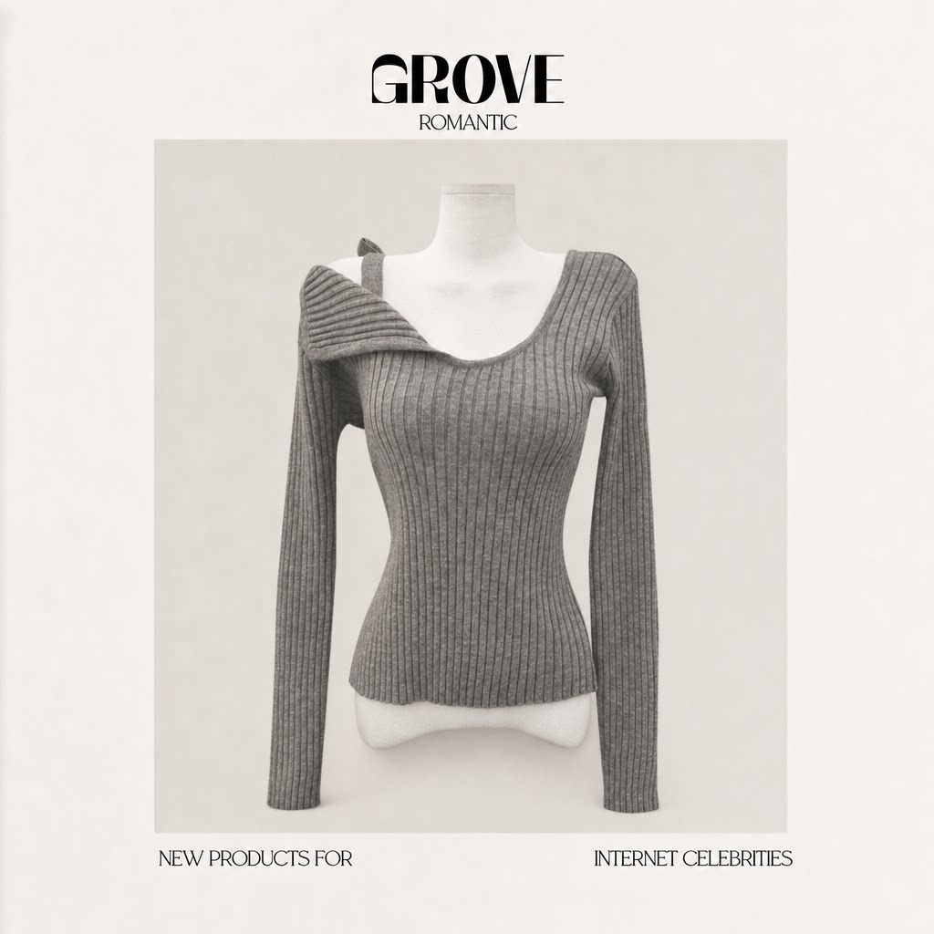 【现货】GROVE ROMANTIC韩国深v领针织衫韩系女时髦修身露肩毛衣