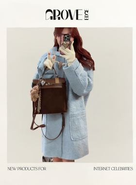 【现货】GROVE EDGE东大门纯色连帽羊驼毛羊毛呢大衣温柔气质外套