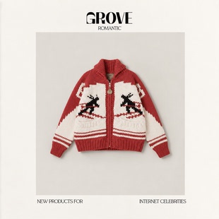 【现货】GROVE ROMANTIC韩国新年费尔岛麋鹿手工开衫毛衣外套女
