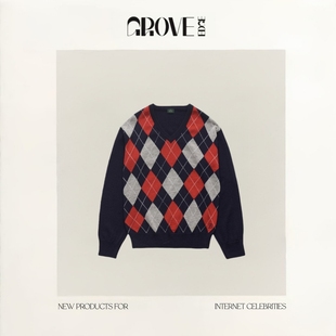 EDGE韩国小众八奶miu系V领针织衫 GROVE 撞色复古菱格上衣 现货
