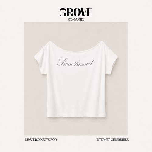 【现货】GROVE ROMANTIC韩系李锦华同款斜肩字母T恤显瘦短袖上衣