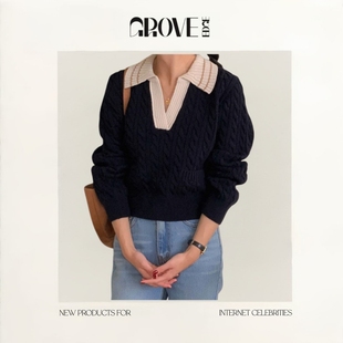 现货 女韩系设计感长袖 GROVE 针织衫 毛衣 EDGE撞色翻领麻花短款