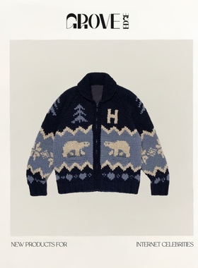 【现货】GROVE EDGE韩国重工北极熊提花毛衣开衫拉链翻领针织外套
