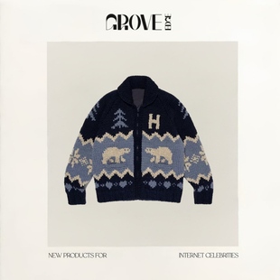 EDGE韩国重工北极熊提花毛衣开衫 GROVE 拉链翻领针织外套 现货