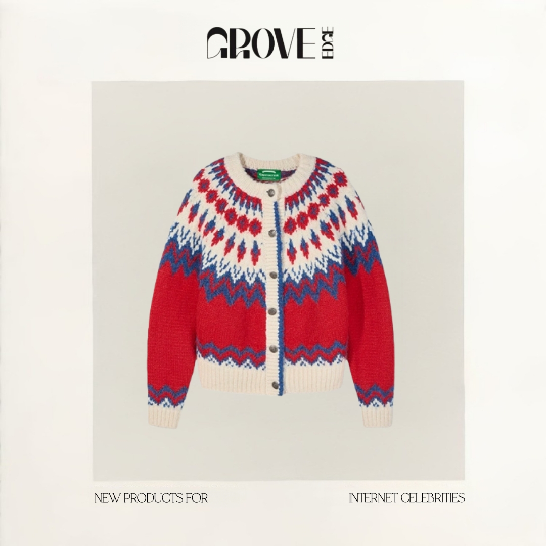 【现货】GROVE EDGE韩国费尔岛毛衣复古撞色提花针织开衫上衣女