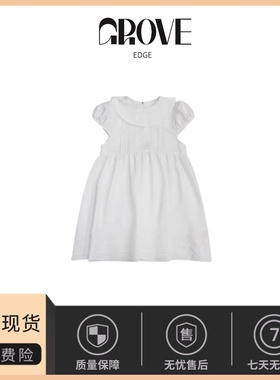 【现货】GROVE EDGE白色复古娃娃领泡泡袖连衣裙女刺绣高腰A字裙