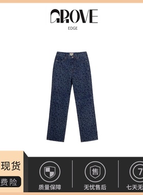 【现货】GROVE EDGE夏季新款韩版宽松直筒显瘦玫瑰花牛仔裤长裤
