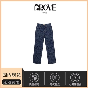 EDGE夏季 GROVE 新款 韩版 长裤 宽松直筒显瘦玫瑰花牛仔裤 现货