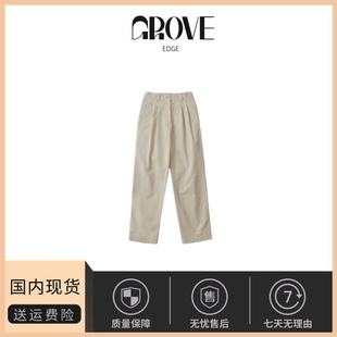 韩系女装 EDGE韩国设计师自然腰褶皱休闲裤 GROVE 高级长裤 现货