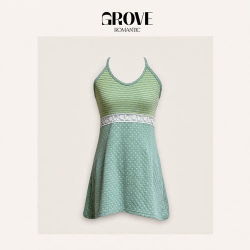 【现货】GROVE ROMANTIC韩系少女挂脖露背波点条纹蕾丝中长款背心