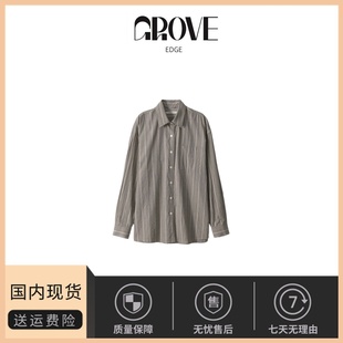 EDGE秋季 GROVE 新款 韩版 上衣女 翻领单排扣条纹衬衫 现货