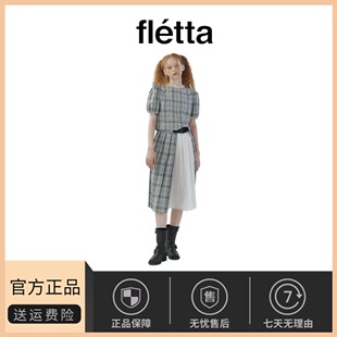 【现货】fletta韩版夏季复古格纹百褶拼接中长裙套装格子蕾丝衬衫