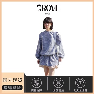 【现货】GROVE EDGE格子遮肉显瘦套装泡泡袖衬衫荷叶边短裙两件套