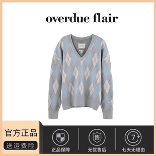 flair泰妍同款 韩国overdue argyle宽松V领毛衣菱格上衣女 现货