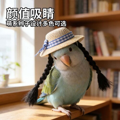 鹦鹉可爱假发帽子仓鼠装饰草帽夏季拍照道具田园风帽子带弹力绳