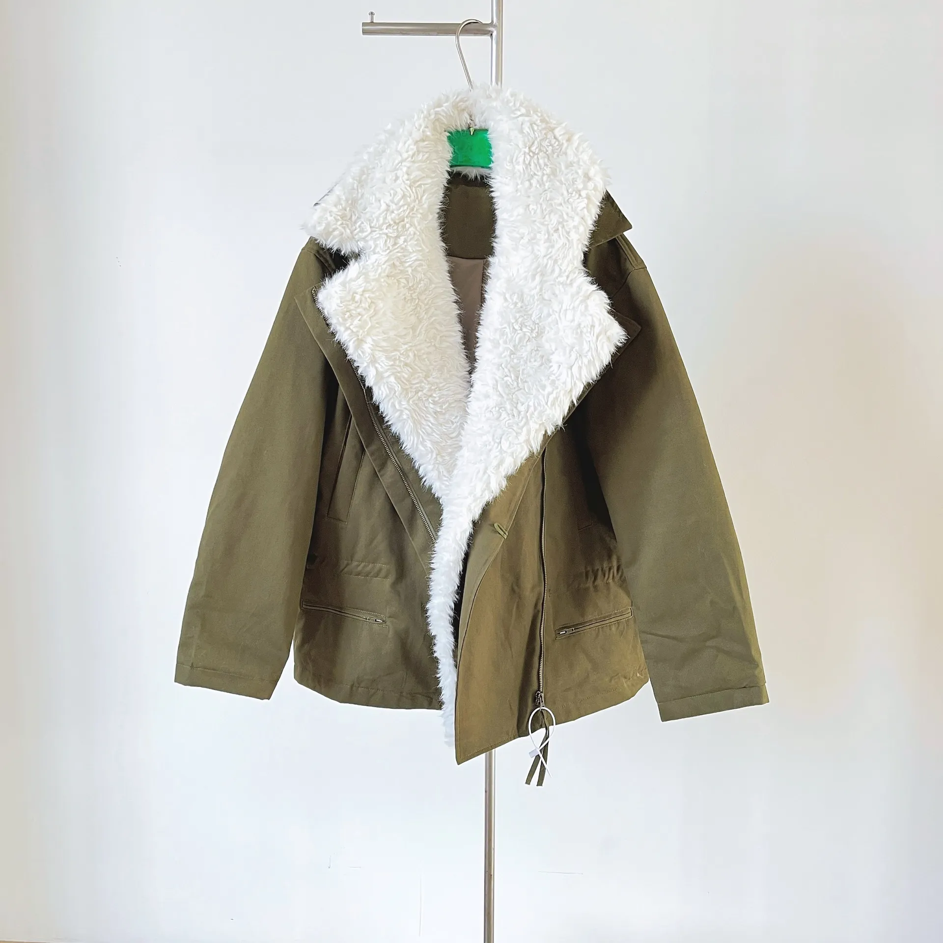 冬季新款斜拉翻领可拆卸毛领工装棉衣/棉服