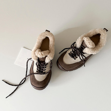 内增高7CM小个子厚底时尚德训鞋女复古系带保暖加绒毛毛休闲单鞋
