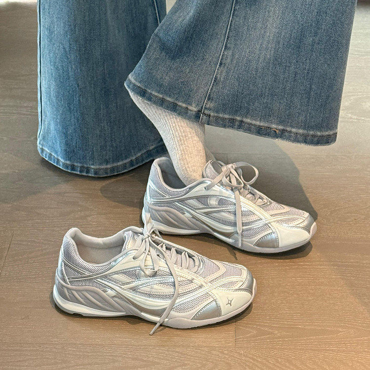 3CM增高~小众银色德训鞋女2026春季新款百搭网面厚底休闲运动鞋,女鞋,时尚休闲鞋,淘宝优惠券,粉丝福利购,淘宝优惠卷