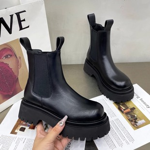 欧货真皮短靴烟筒靴女2025新款头层牛皮切尔西靴子厚底增高马丁靴