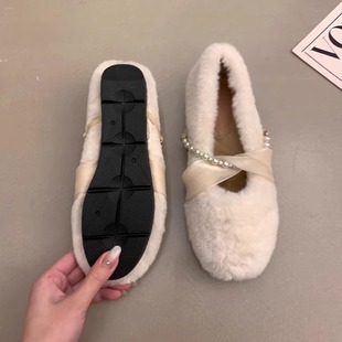 法式晚风白色毛毛鞋女鞋子配裙子玛丽珍毛绒单鞋秋冬新款加绒棉鞋