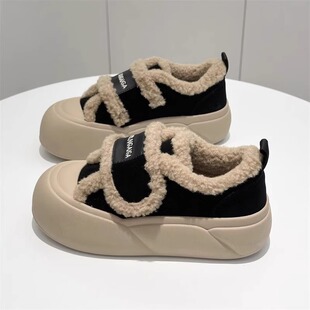 新款 女冬加绒加厚2025冬季 一脚蹬乐福鞋 面包鞋 厚底毛毛鞋 冬鞋 棉鞋